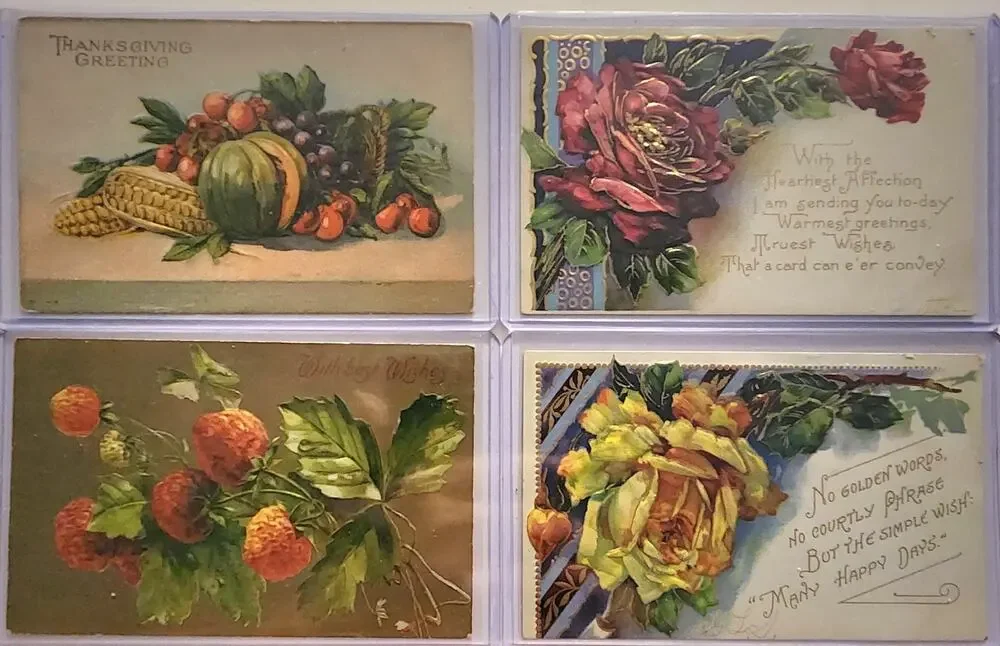 Lot Of Four Vintage Antique Embossed Postcards Fruit Flowers